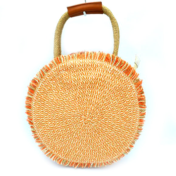 Round straw weaving tote - orange