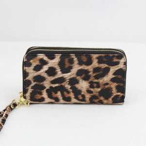 Leopard pattern double zipper wallet - brown