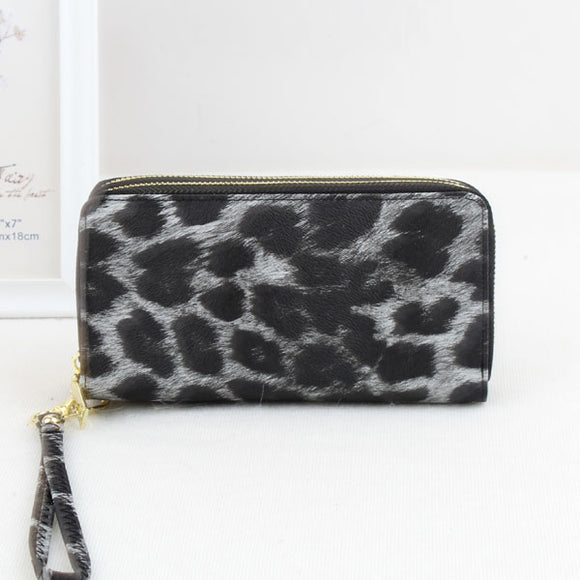 Leopard pattern double zipper wallet - gray