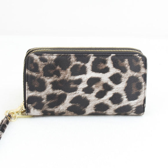 Leopard pattern double zipper wallet - tan