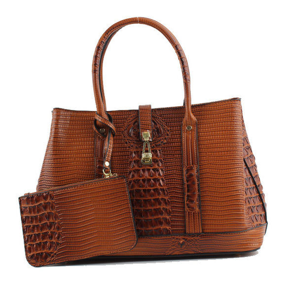 Crocodile embossed tote with pouch - brown