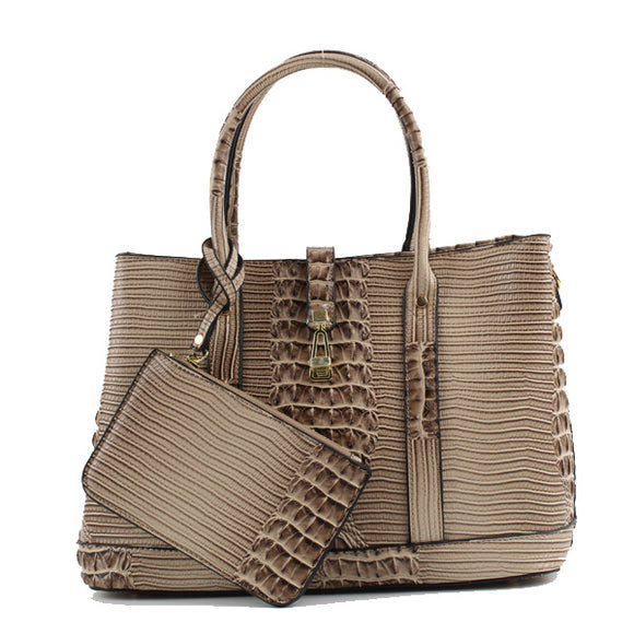 Crocodile embossed tote with pouch - khaki