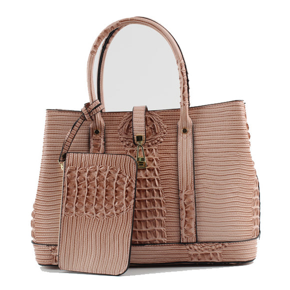 Crocodile embossed tote with pouch - pink