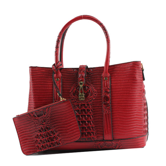 Crocodile embossed tote with pouch - red