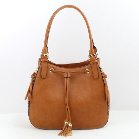 Decorated side zipper & drawsting bucke bag - brown