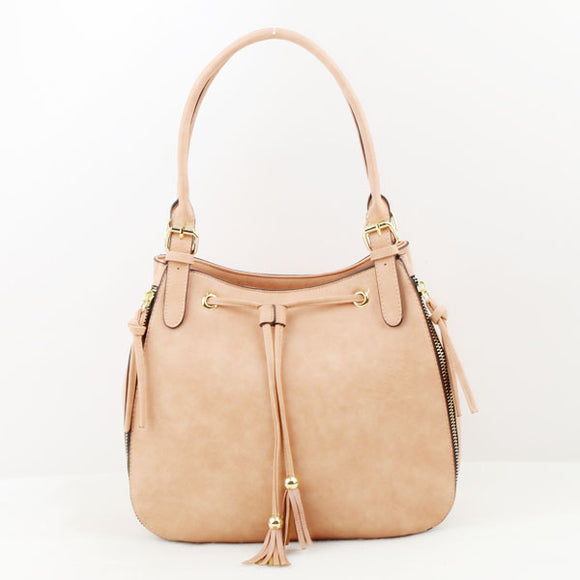 Decorated side zipper & drawsting bucke bag - dark pink