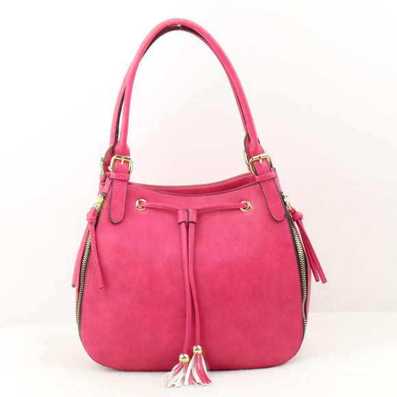 Decorated side zipper & drawsting bucke bag - hot pink