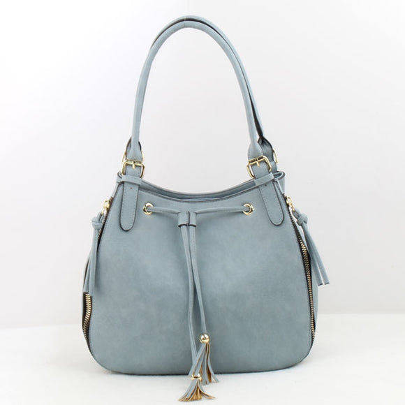 Decorated side zipper & drawsting bucke bag - light blue