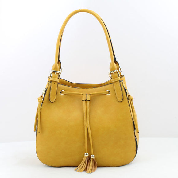 Decorated side zipper & drawsting bucke bag - yellow