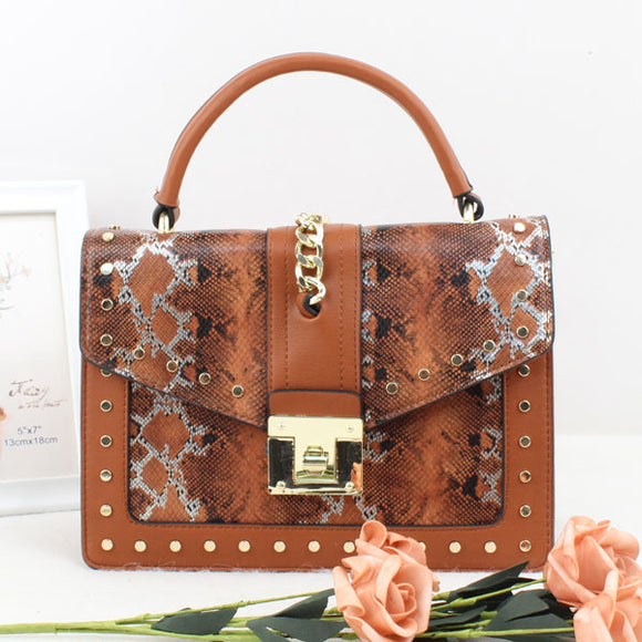 Studded phyton pattern satchel - brown