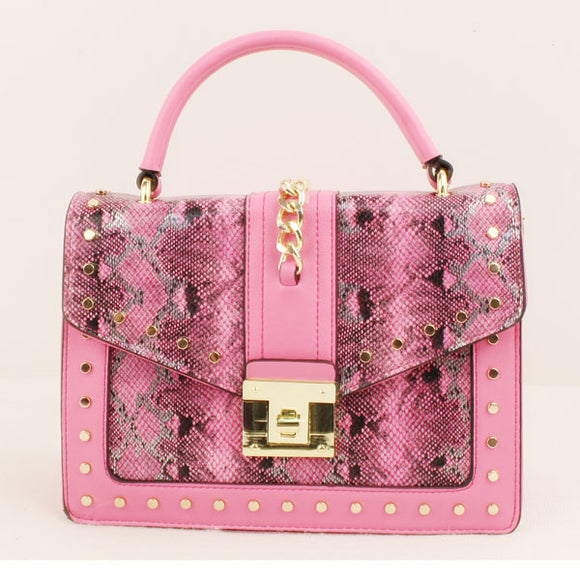 Studded phyton pattern satchel - hot pink
