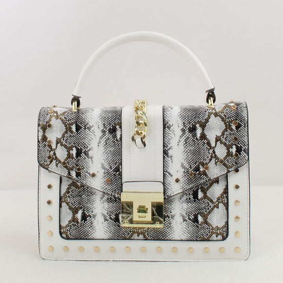 Studded phyton pattern satchel - white