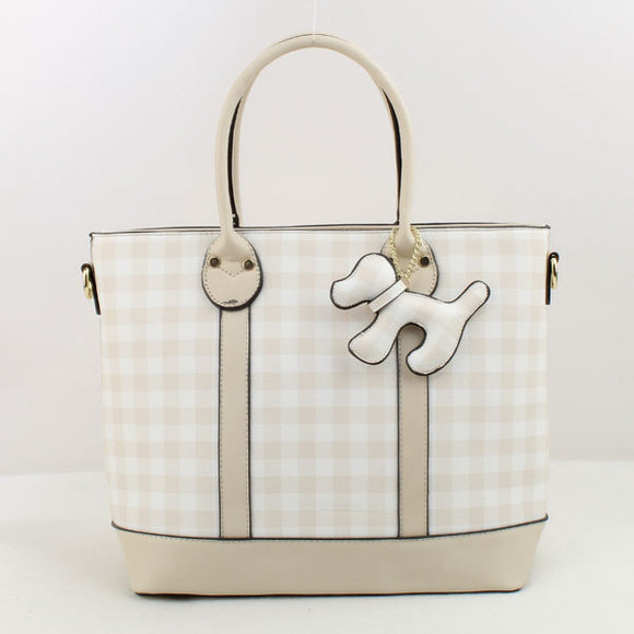 Plaid pattern tote with dog charm - beige