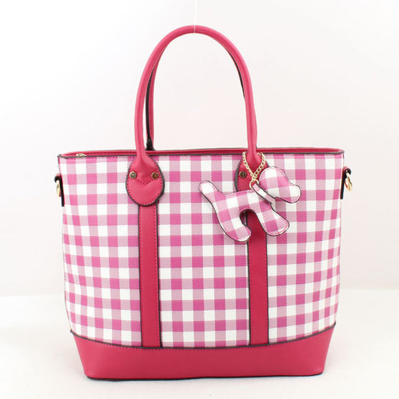 Plaid pattern tote with dog charm - hot pink