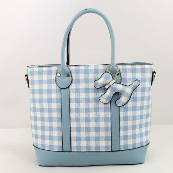 Plaid pattern tote with dog charm - light blue