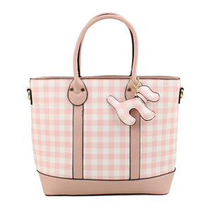 Plaid pattern tote with dog charm - pink