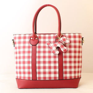 Plaid pattern tote with dog charm - red