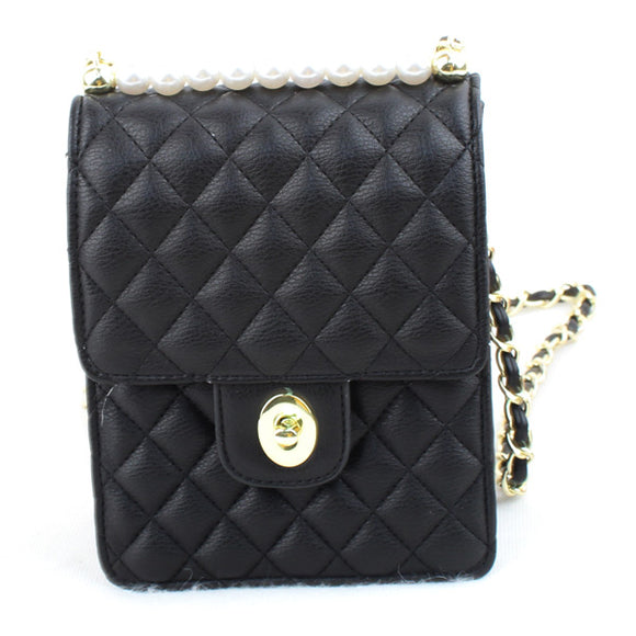 Quilted & pearl detail crossbody bag - black