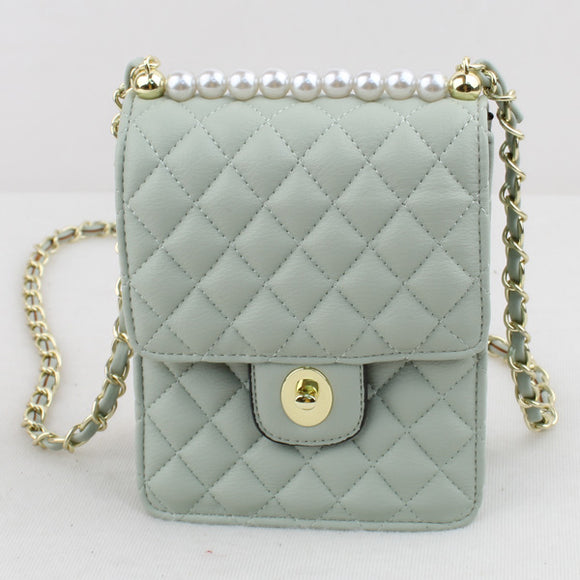 Quilted & pearl detail crossbody bag - light green