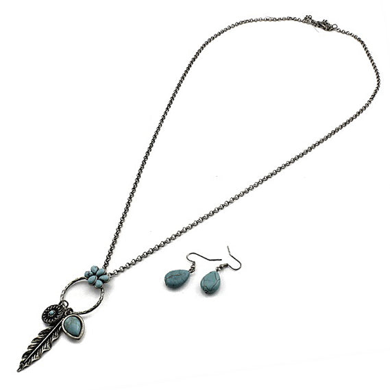 Bohemian feather necklace set - silver