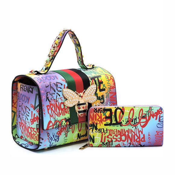 Queen bee charm graffiti boxy satchel with wallet - multi 3