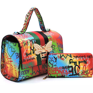 Queen bee charm graffiti boxy satchel with wallet - multi 4
