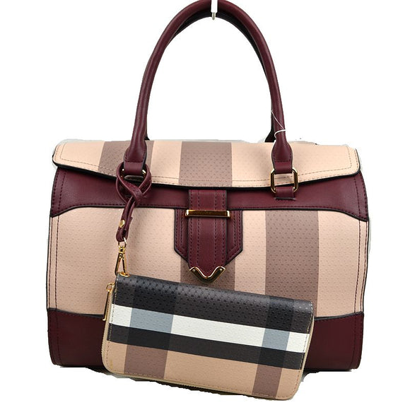 Fold over plaid pattern tote with wallet - burgundy black