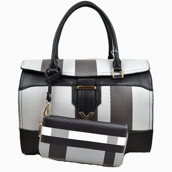 Fold over plaid pattern tote with wallet - black