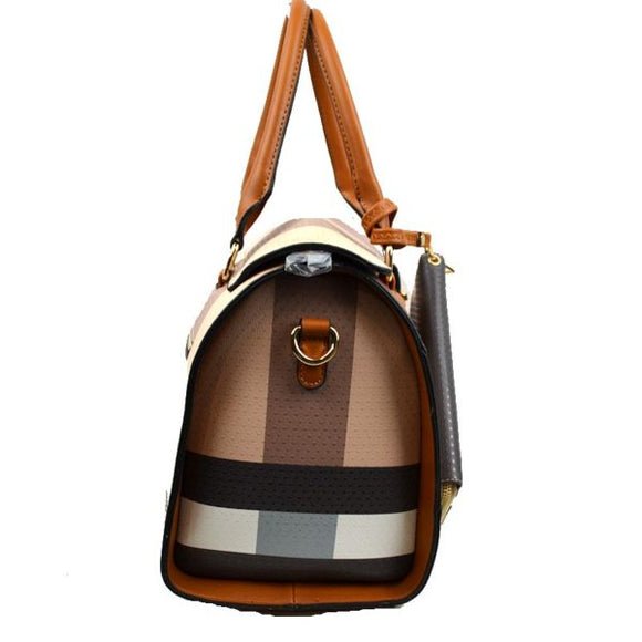 Fold over plaid pattern tote with wallet - black brown