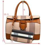 Fold over plaid pattern tote with wallet - brown