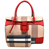 Fold over plaid pattern tote with wallet - red brown