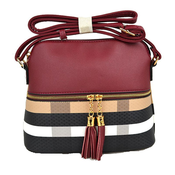 Check pattern & tassel crossbody bag - burgundy/brown