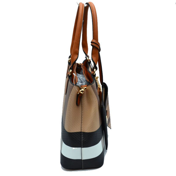 Small paid pattern & tassel tote  with pouch - black