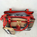 Plaid & tassel tote with wallet - red