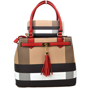 Plaid & tassel tote with wallet - red