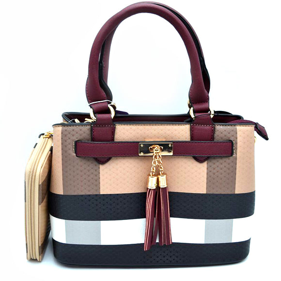 Extra small plaid pattern tote with wallet - burgundy/brown