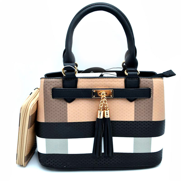 Extra small plaid pattern tote with wallet - black/brown