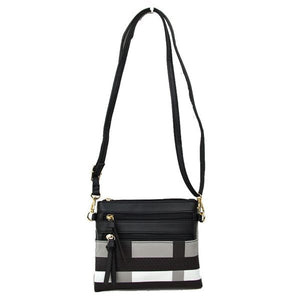 Plaid & double zip crossbody bag - black