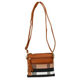 Plaid & double zip crossbody bag - brown
