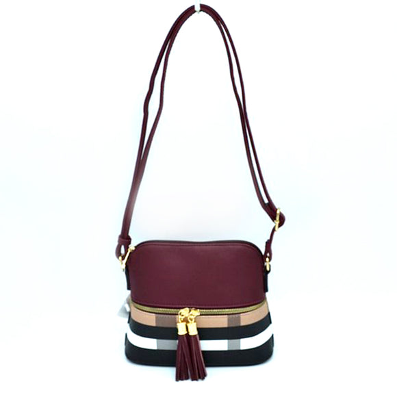 Check print & color-block crossbody bag - burgundy/brown