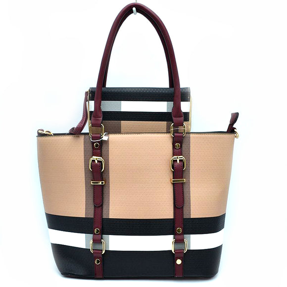 Belted detail color-block tote with wallet - burgundy/brown