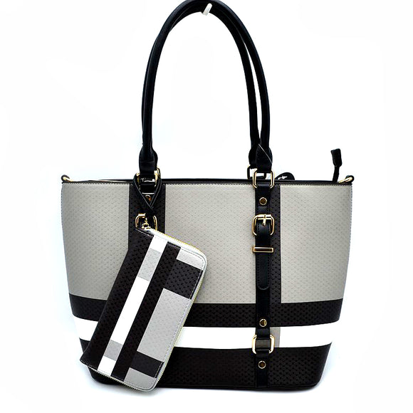 Belted detail color-block tote with wallet - black