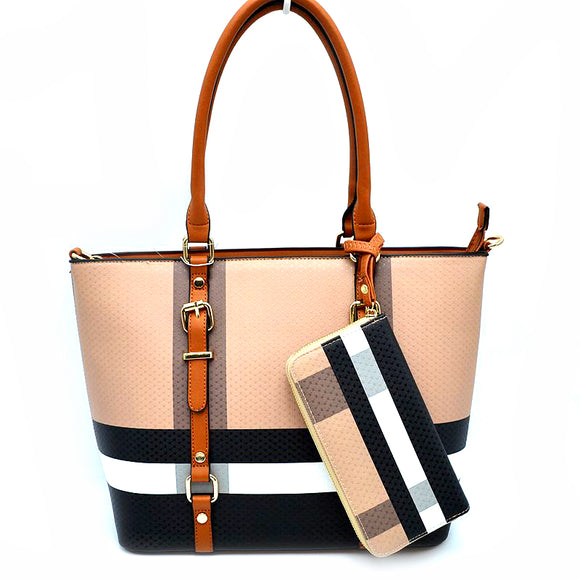 Belted detail color-block tote with wallet - brown