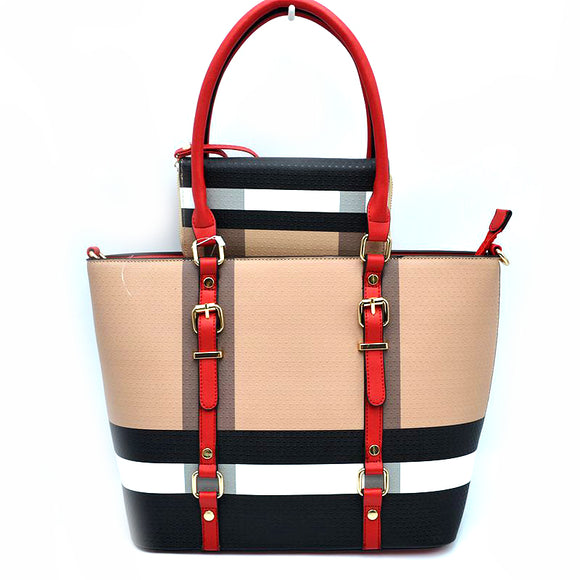 Belted detail color-block tote with wallet - red/brown