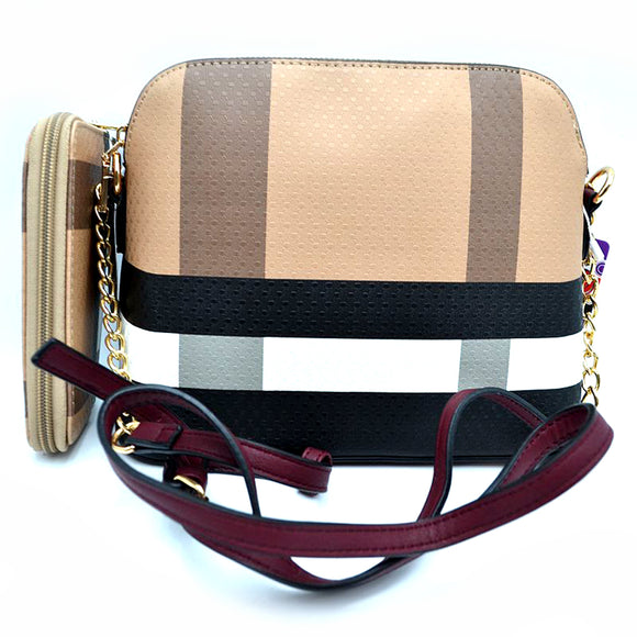 Check pattern crossbody bag with wallet - burgundy/brown