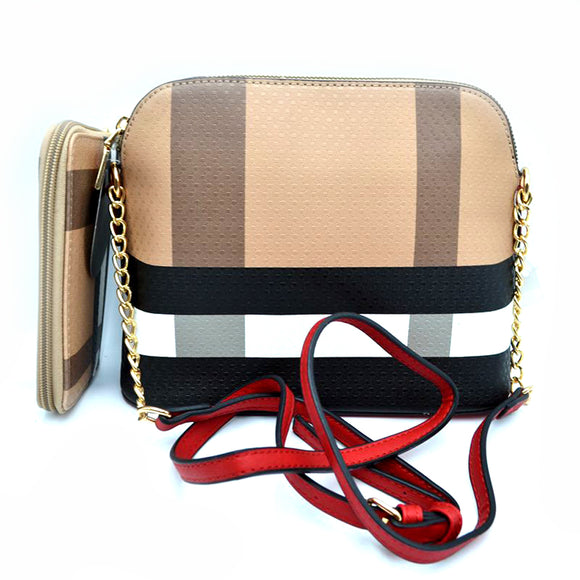 Check pattern crossbody bag with wallet - red/brown