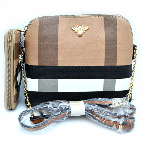 Check pattern bee crossbody bag with wallet - brown