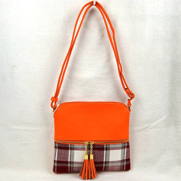 Plaid & tassel crossbody bag - orange