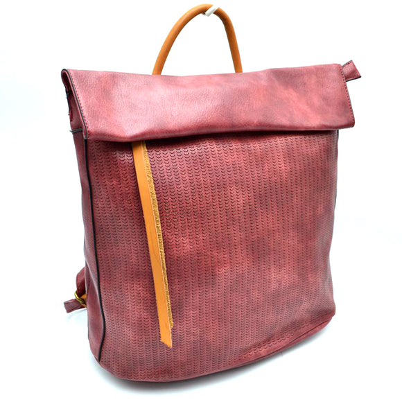 Roll over leather backpack - burgundy