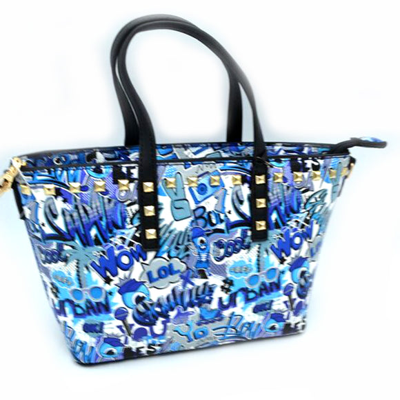 Studed graffiti mini-tote crossbody bag - blue